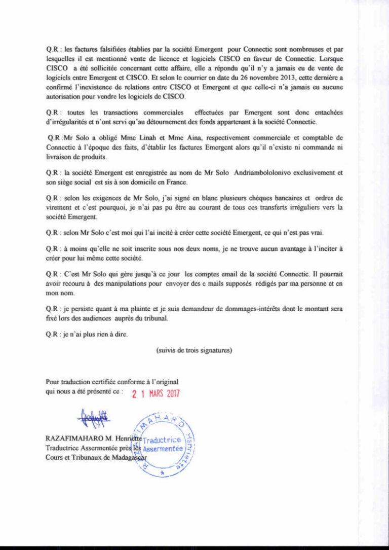 Devant les policiers malgaches, EMERGENT n’a pas le droit de commercialiser des produits CISCO SYSTEMS à Madagascar clame RANARISON Tsilavo CEO NEXTHOPE