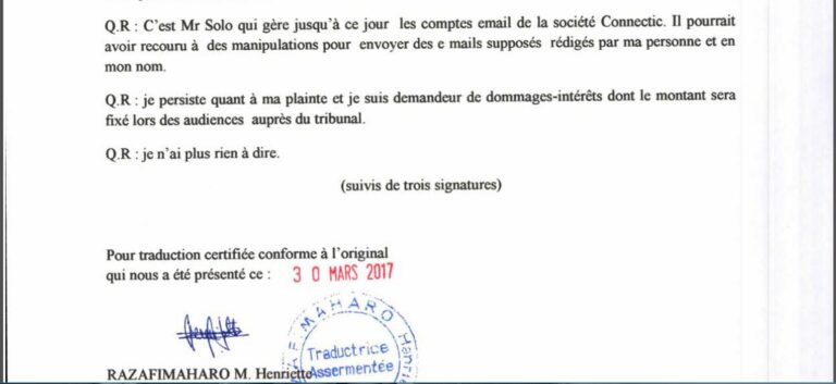 RANARISON Tsilavo accuse Solo d’avoir effectuer 76 virements internationaux sans contrepartie à son entreprise en France