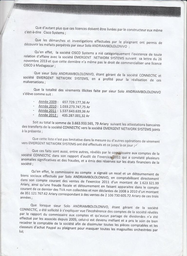 Plainte de Ranarison Tsilavo – Abus de biens sociaux : les factures contestées et la réalité des opérations