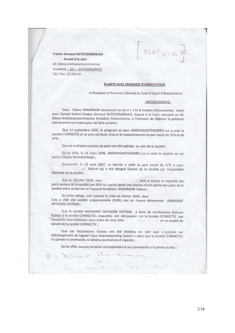 Plainte de RANARISON Tsilavo NEXTHOPE MOOZIK INSCAE