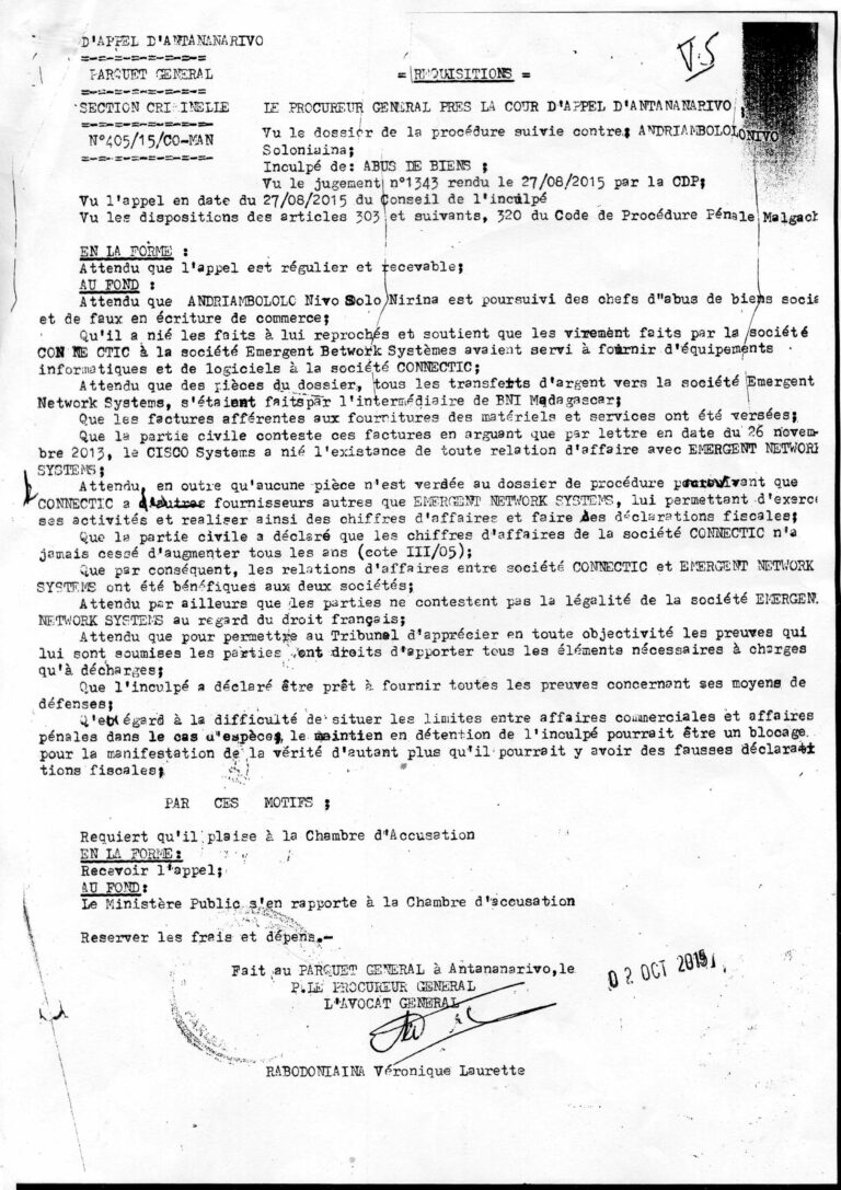 Solo demande la liberté provisoire le 2 octobre 2015